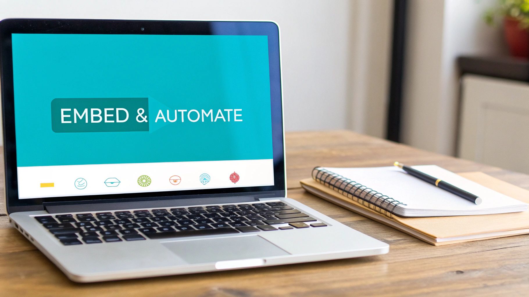 A laptop on a wooden desk displays 'EMBED & AUTOMATE' on its screen, with a notebook and pen nearby.