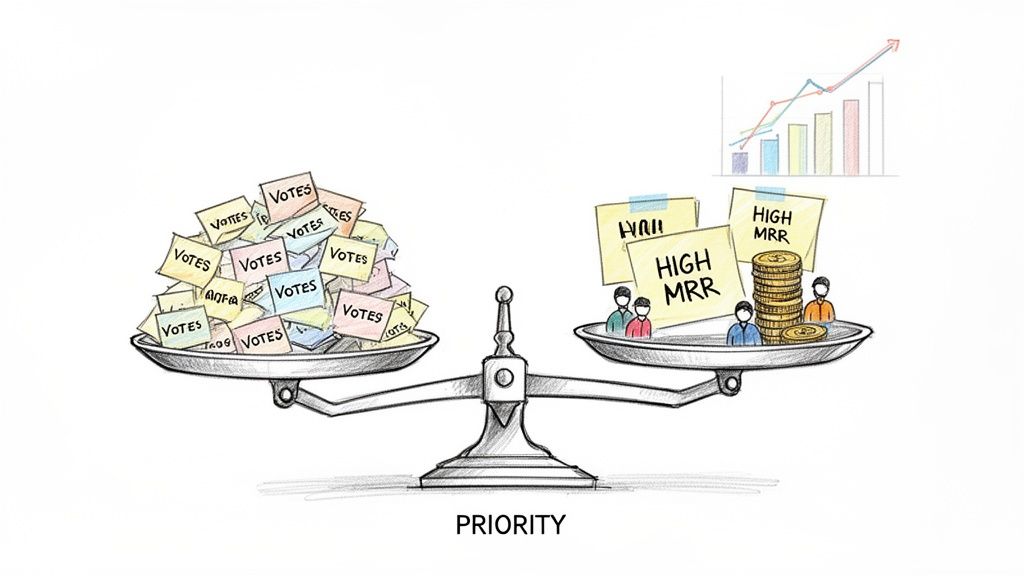 A priority scale balancing numerous customer 'votes' with high MRR, revenue, and business growth.