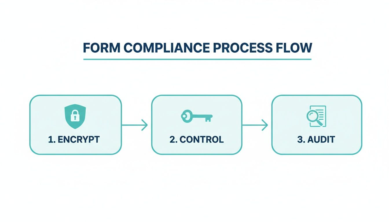 A three-step process flow for form compliance: Encrypt, Control, and Audit, illustrated with icons.
