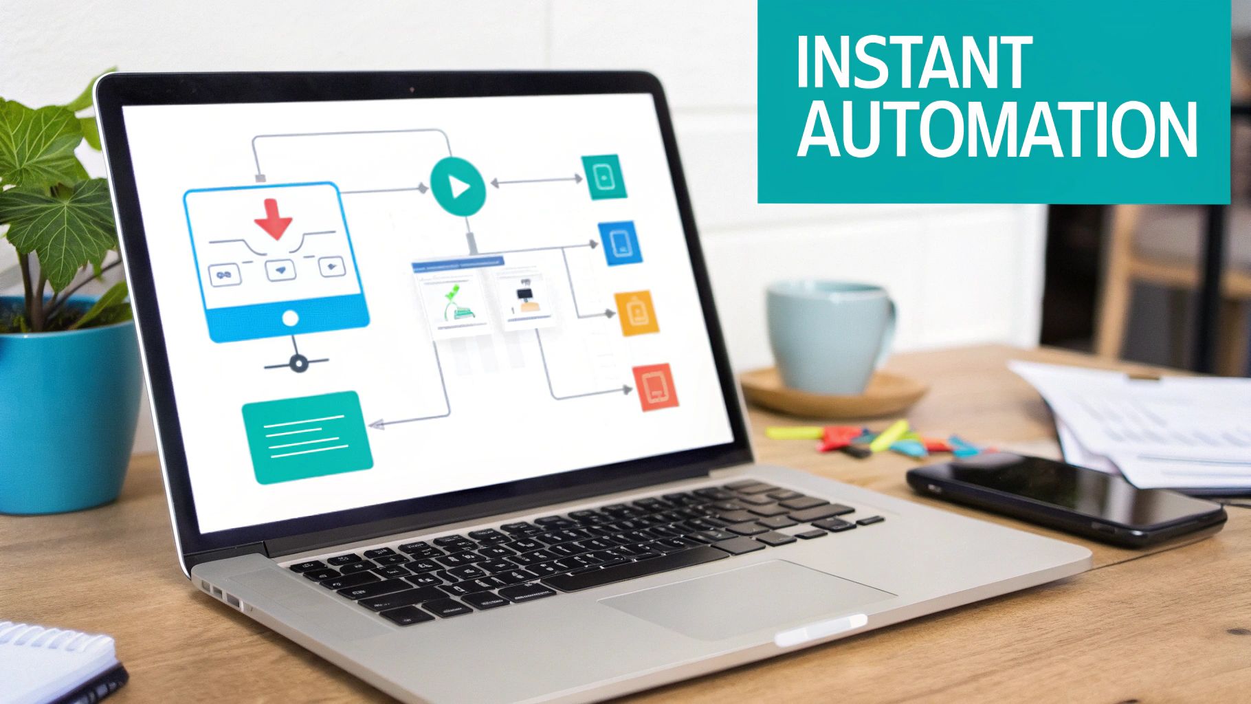 Laptop displaying a digital automation workflow diagram and 'INSTANT AUTOMATION' text on a desk.