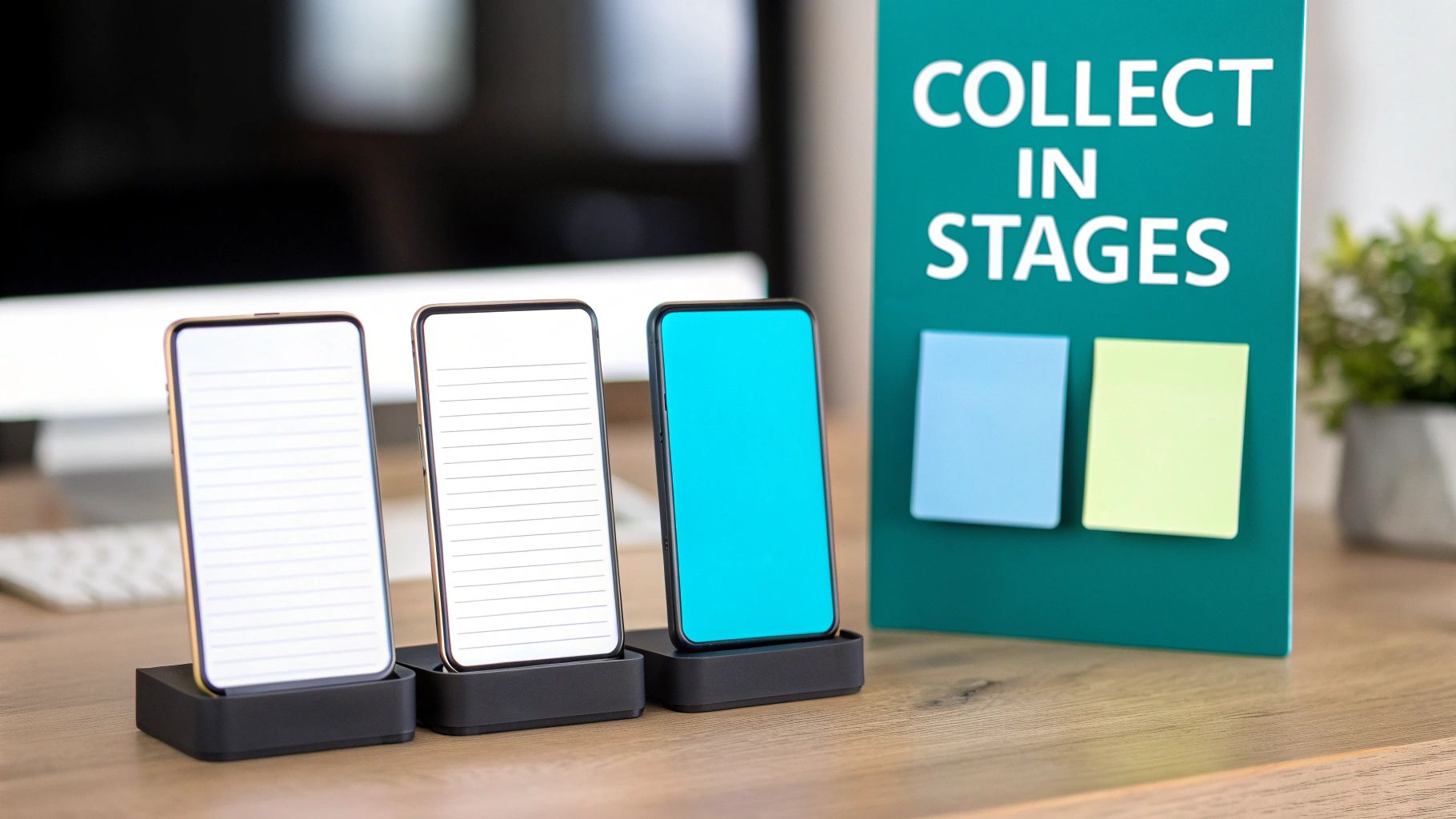 Three smartphones in charging docks on a desk, next to a sign saying 'COLLECT IN STAGES'.