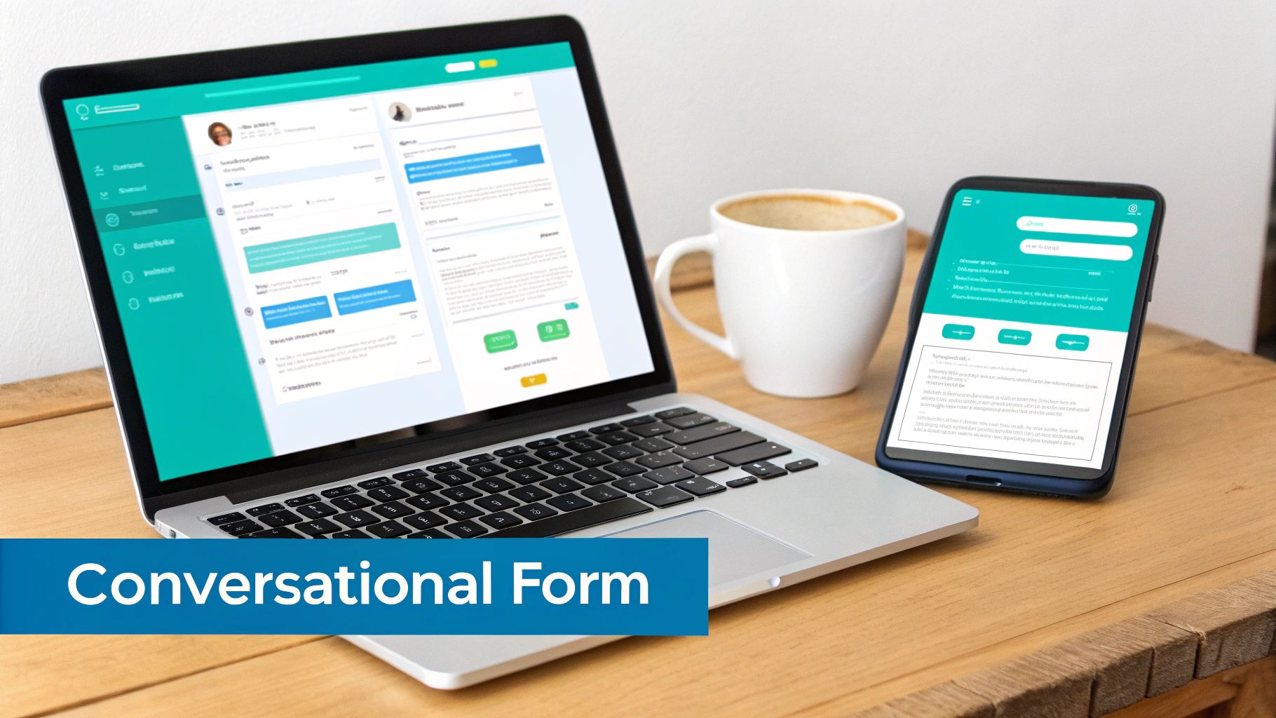 Laptop and smartphone showing interactive conversational forms for user input, with a coffee cup.