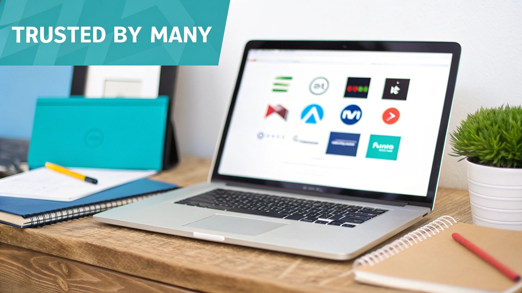 A silver laptop on a wooden desk displaying software logos, with a 'TRUSTED BY MANY' banner.