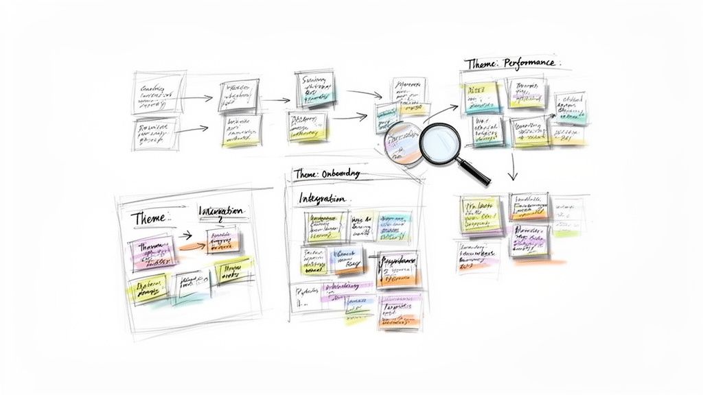 Hand-drawn diagram of qualitative data analysis with sticky notes, arrows, and a magnifying glass.