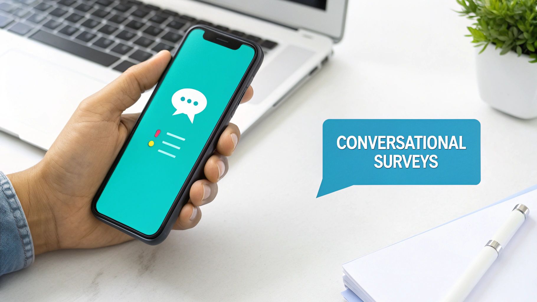 Hand holding a smartphone displaying chat icons, next to a speech bubble saying "Conversational Surveys".