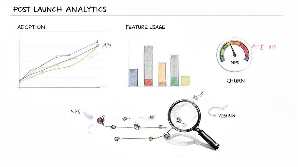 Hand-drawn analytics charts for product post-launch, including adoption, feature usage, NPS, and churn.