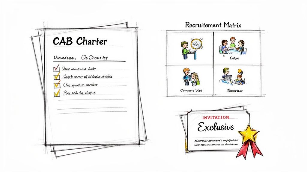 Hand-drawn business illustration featuring a CAB Charter, recruitment matrix, and an exclusive invitation card.