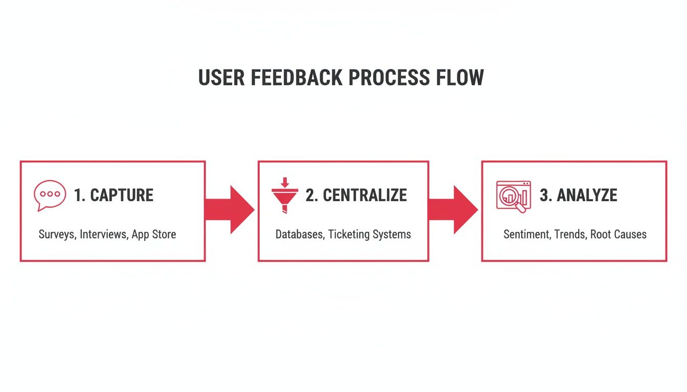 A diagram illustrating a three-step user feedback process: capture, centralize, and analyze.