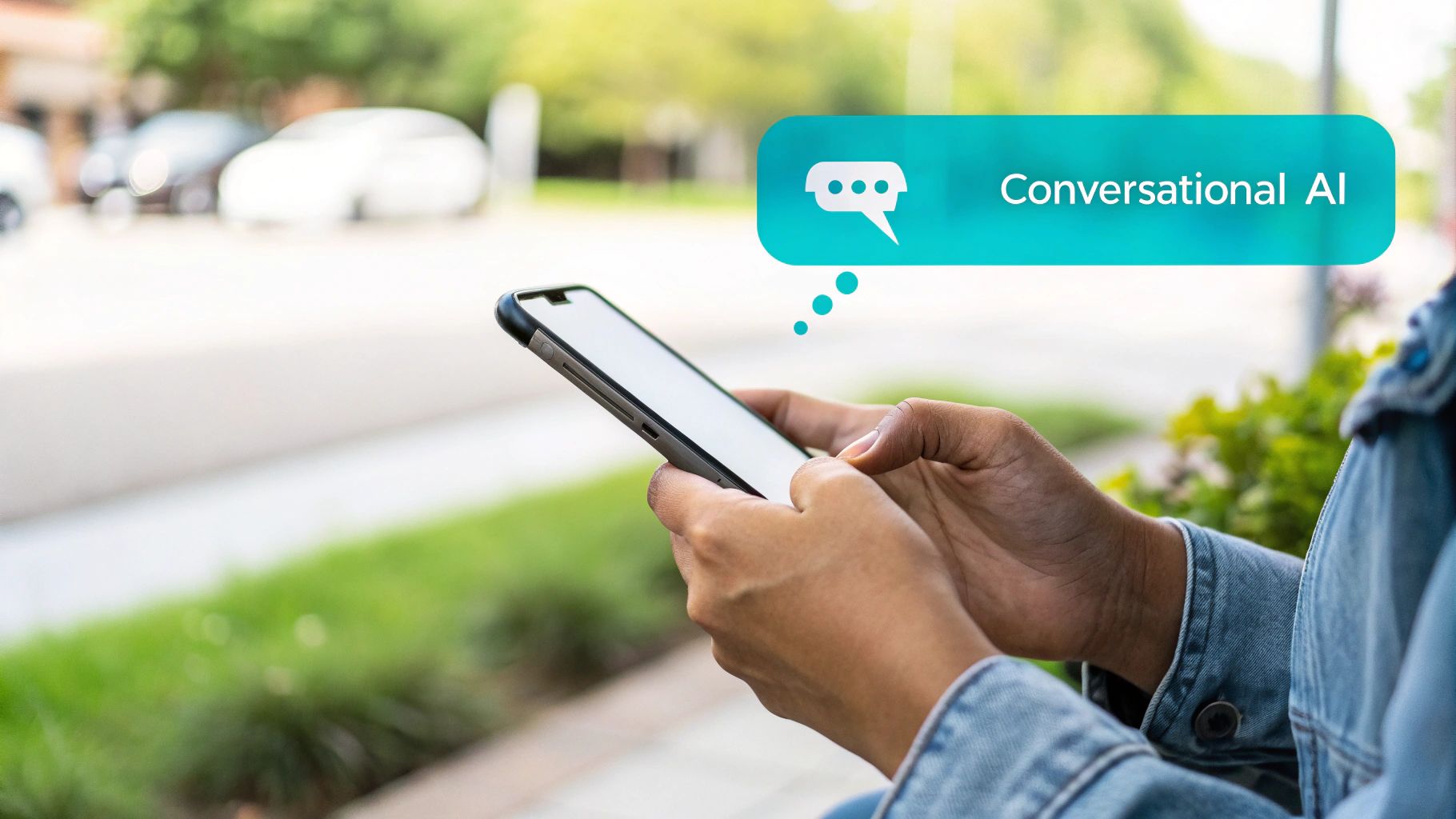 Hands holding a smartphone with a 'Conversational AI' speech bubble appearing above it.