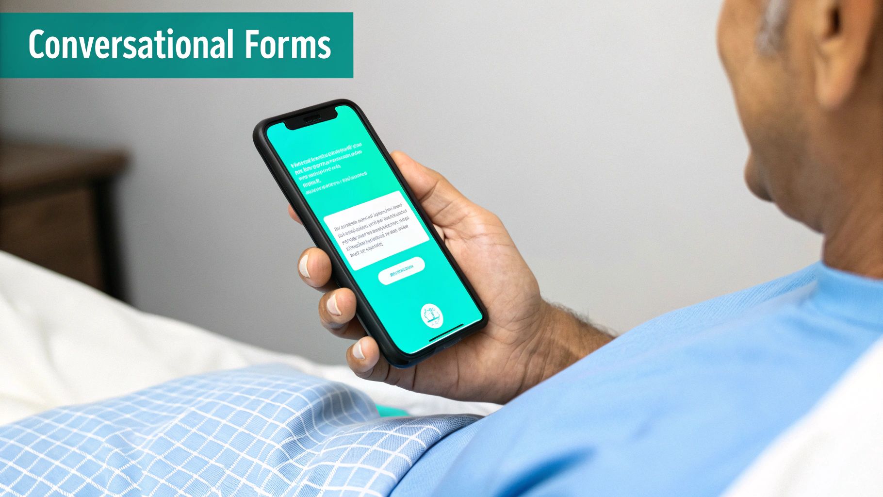 Patient in a hospital bed holds a smartphone displaying conversational medical forms.