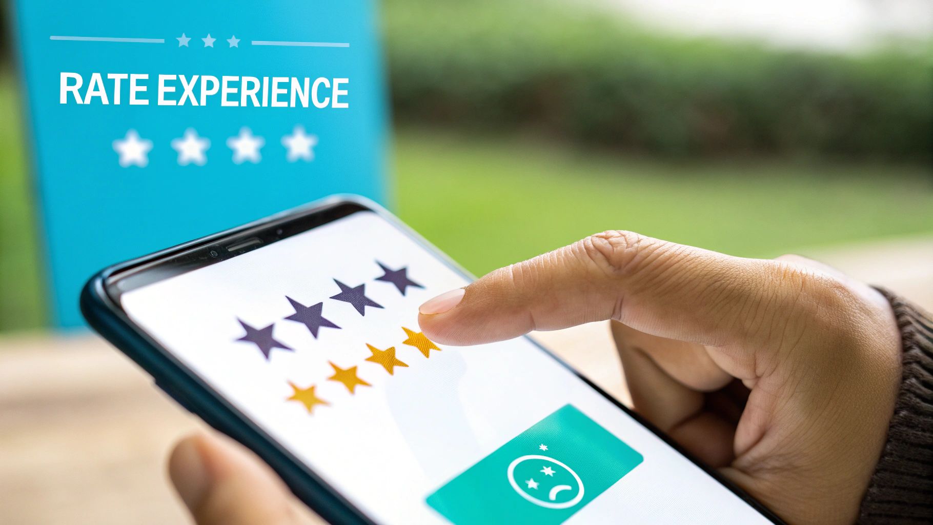 A person's hand rates an experience three out of five stars on a smartphone screen.