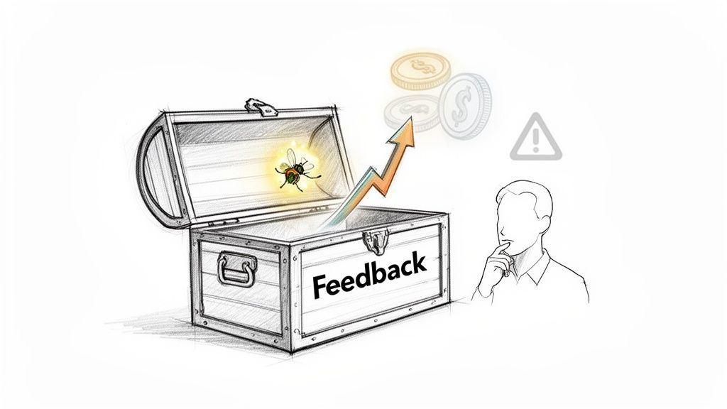Sketch of open 'Feedback' treasure chest with a glowing fly, upward arrow, coins, thinking person, and warning sign.