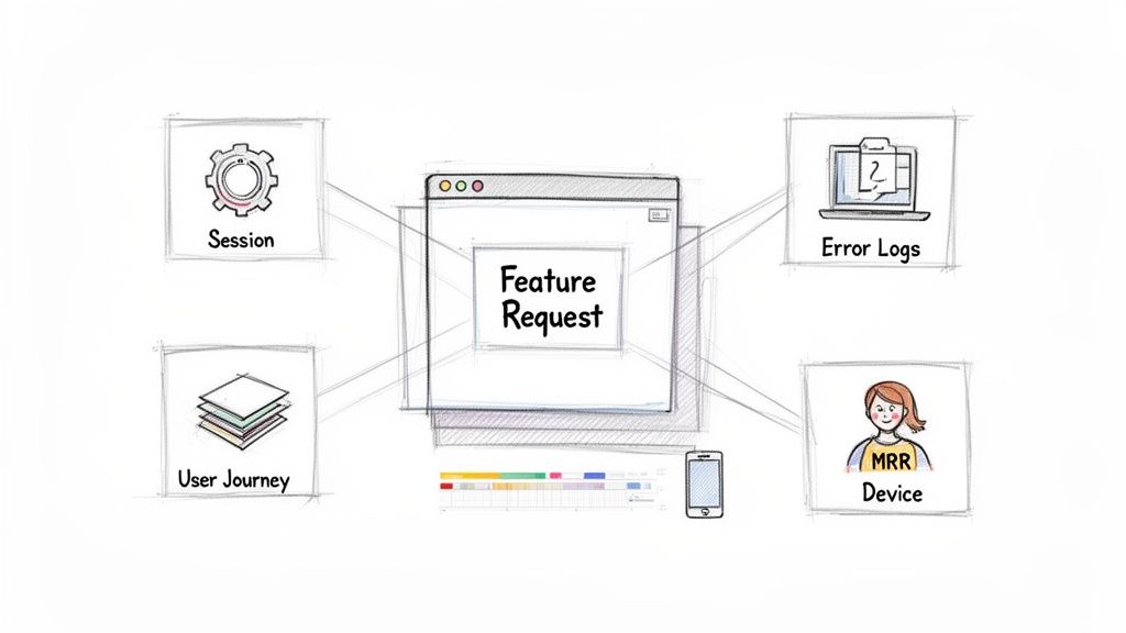 A diagram illustrating various data inputs like user sessions, error logs, user journeys, and device data feeding into a central feature request.