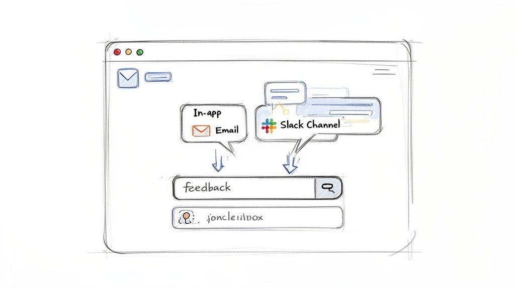 A sketch illustrates in-app email and Slack channel inputs feeding into a 'feedback' search box.