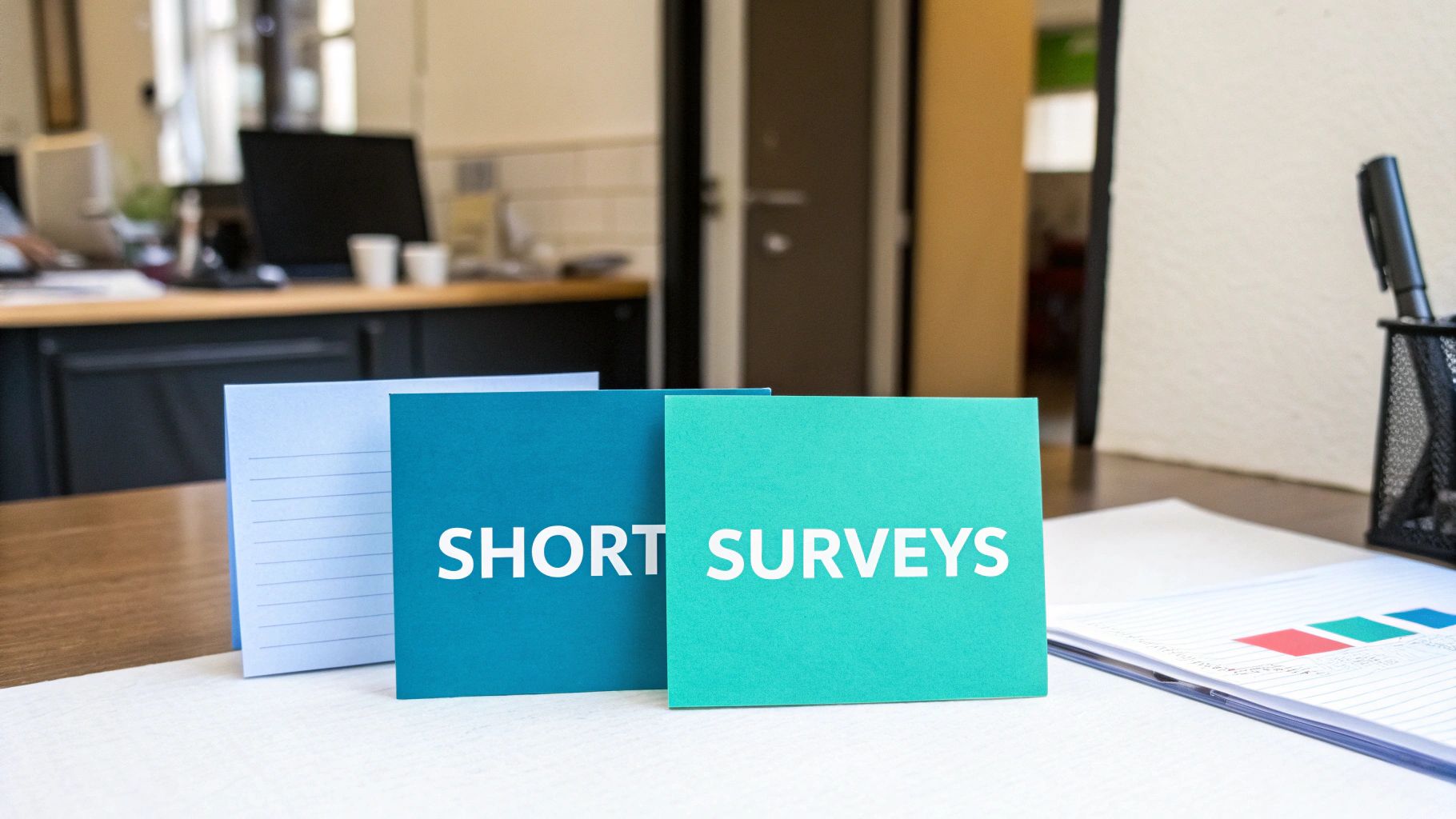 Three colorful cards on a desk, one reads 'SHORT SURVEYS', in an office setting.