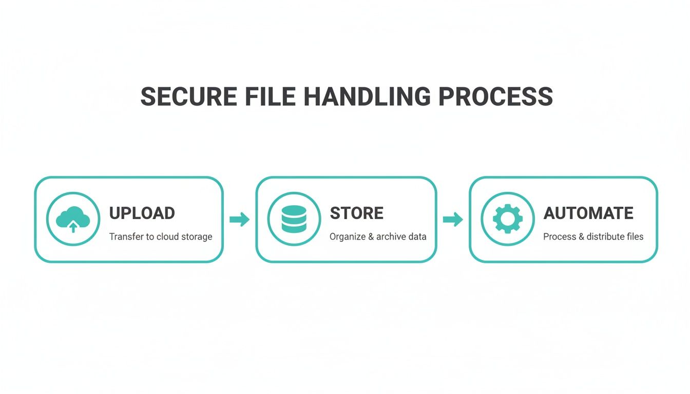 Diagram illustrating a secure file handling process with steps: upload to cloud storage, store and archive data, and automate file processing and distribution.