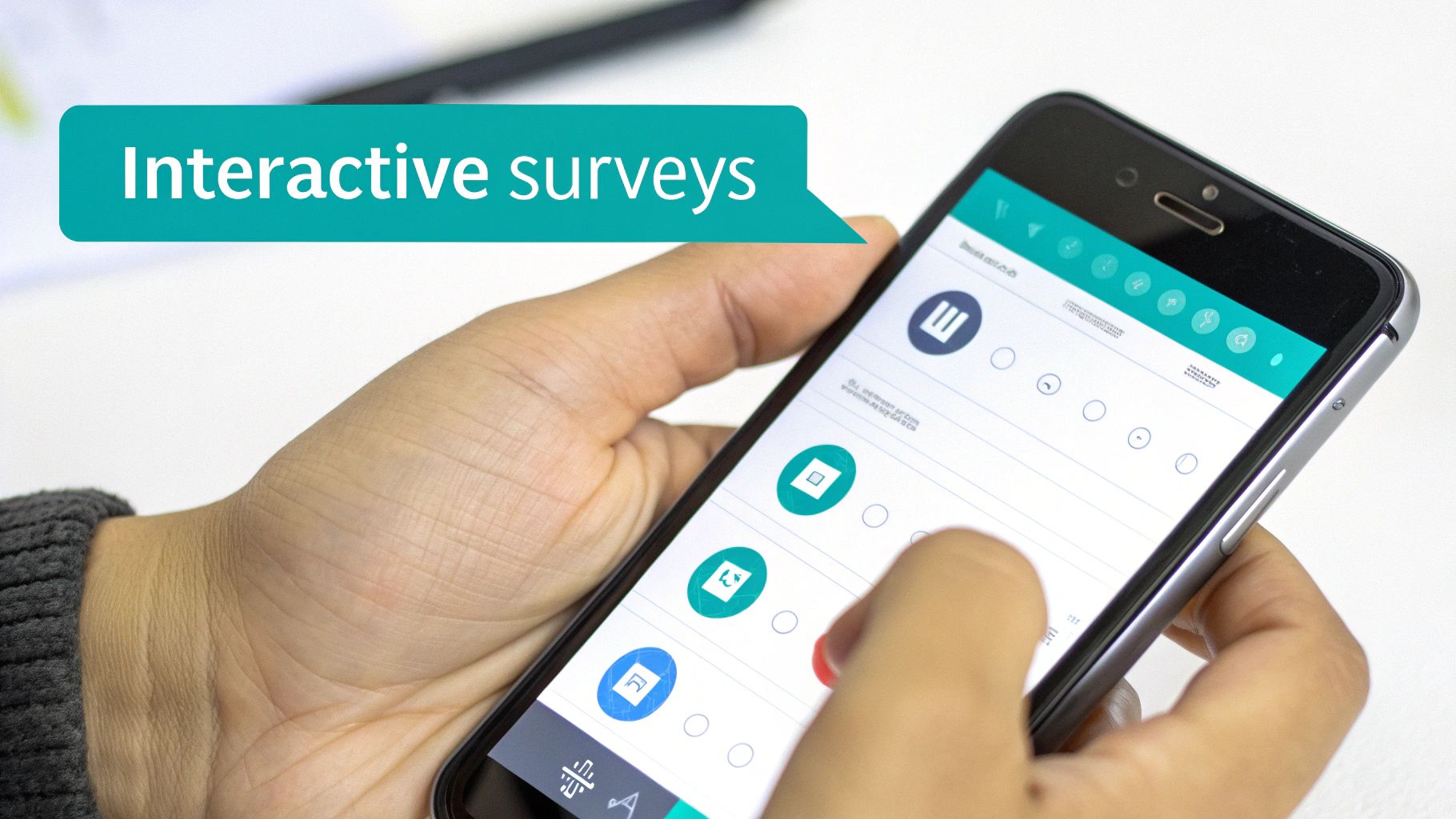 A person's hands holding a smartphone displaying an app for interactive surveys, with text overlay.