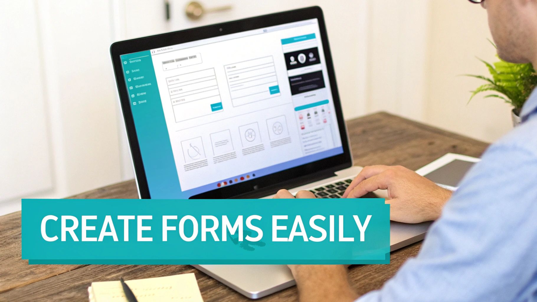 A man uses a laptop displaying an online form builder interface on a wooden desk, emphasizing easy creation.
