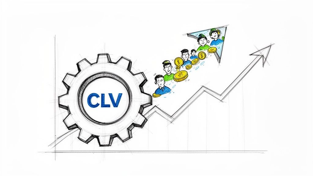Hand-drawn illustration depicting a CLV gear driving an upward graph with customers and coins, symbolizing increased lifetime value.