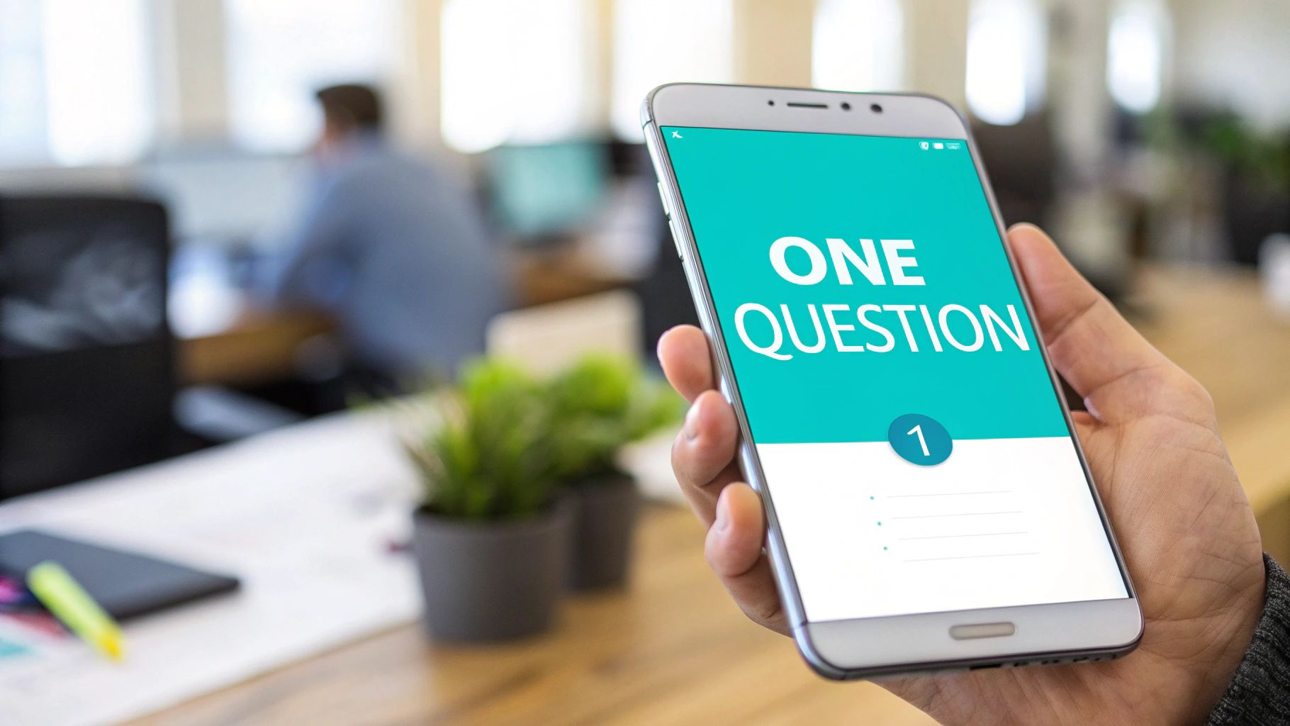 Hand holding a smartphone displaying a survey app with "ONE QUESTION" in a blurred office setting.