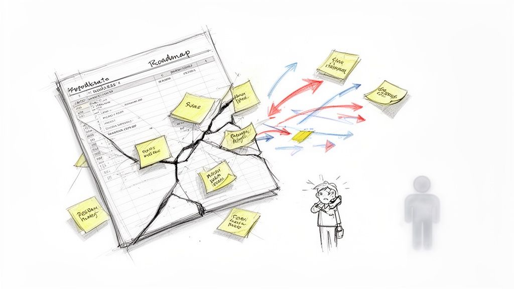 Illustration of a broken product roadmap document, chaotic arrows, a stressed person, and a silhouette.