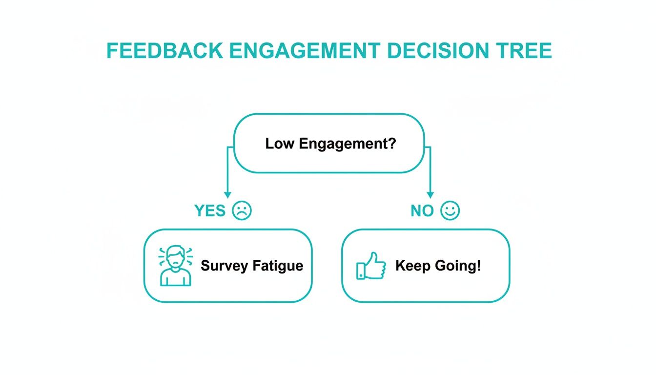 Feedback engagement decision tree showing paths for low engagement leading to survey fatigue versus high engagement.