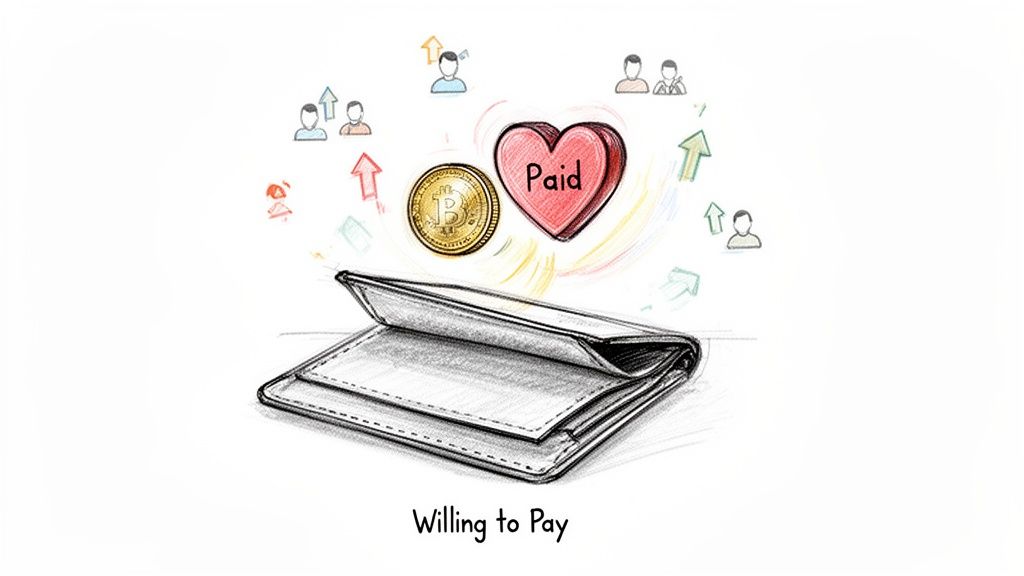 A sketch illustrating payment readiness: an empty wallet below a Bitcoin, a red heart marked "Paid", and rising user icons.