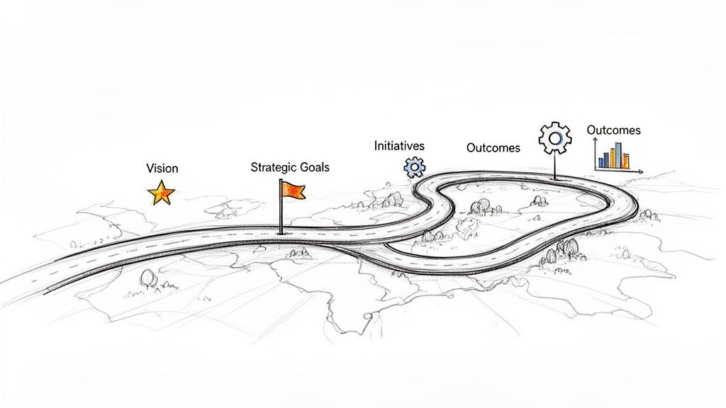 Hand-drawn business roadmap illustrating the path from vision to strategic goals to outcomes.
