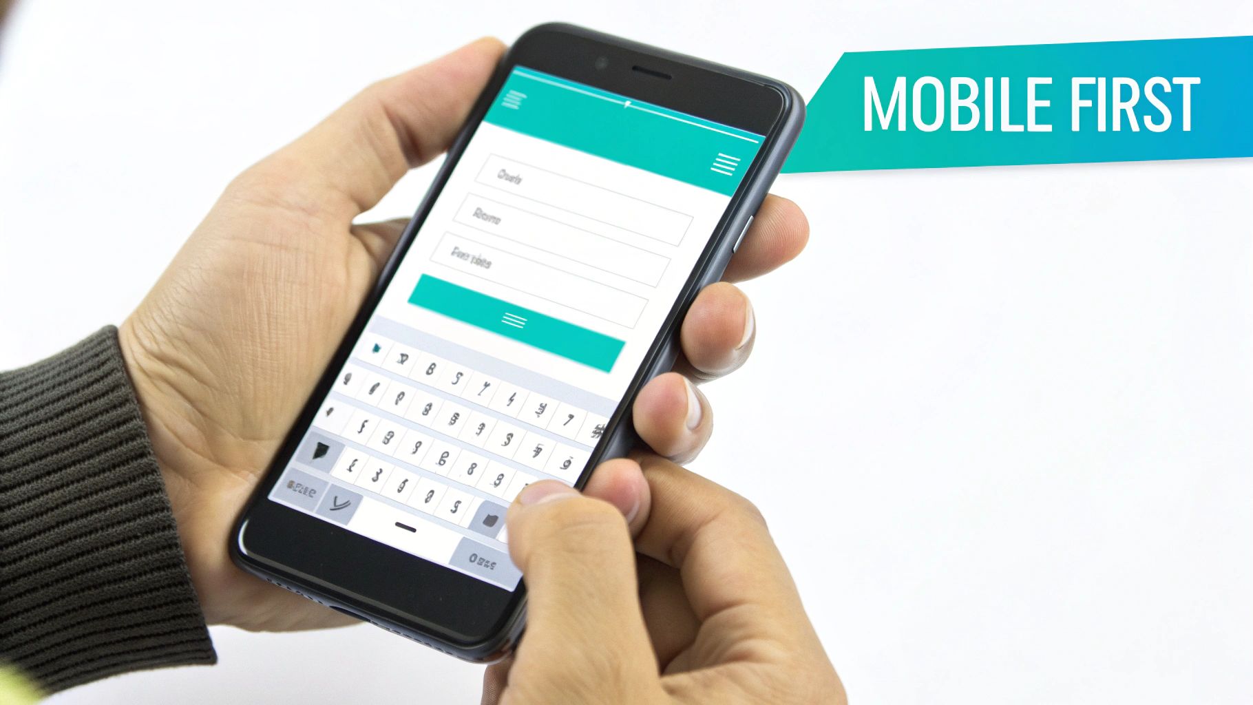 Hands holding a smartphone with a web form and keyboard, emphasizing mobile-first design.