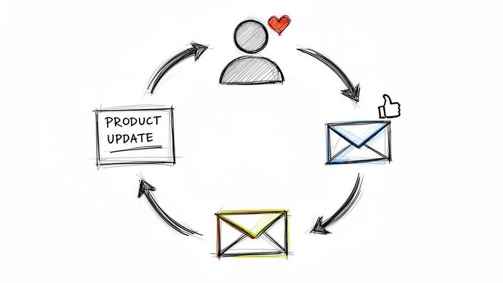Hand-drawn diagram showing customer feedback leading to product updates and improved satisfaction.