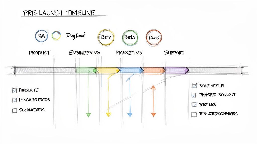 Hand-drawn pre-launch timeline illustrating product, engineering, marketing, and support stages with task checklists.