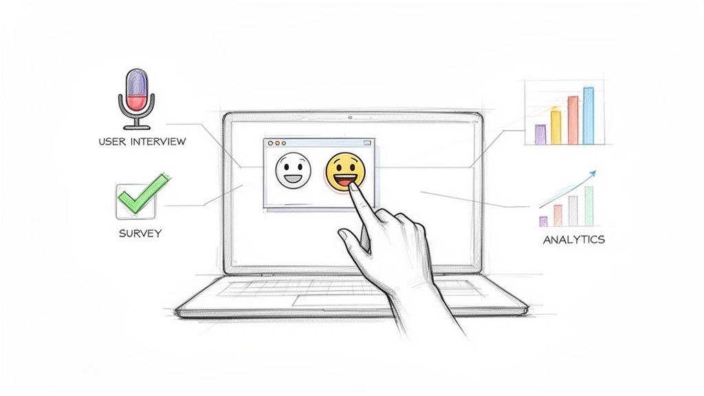 Illustration of a laptop screen with a hand clicking a happy emoji, surrounded by icons for user interviews, surveys, and analytics.