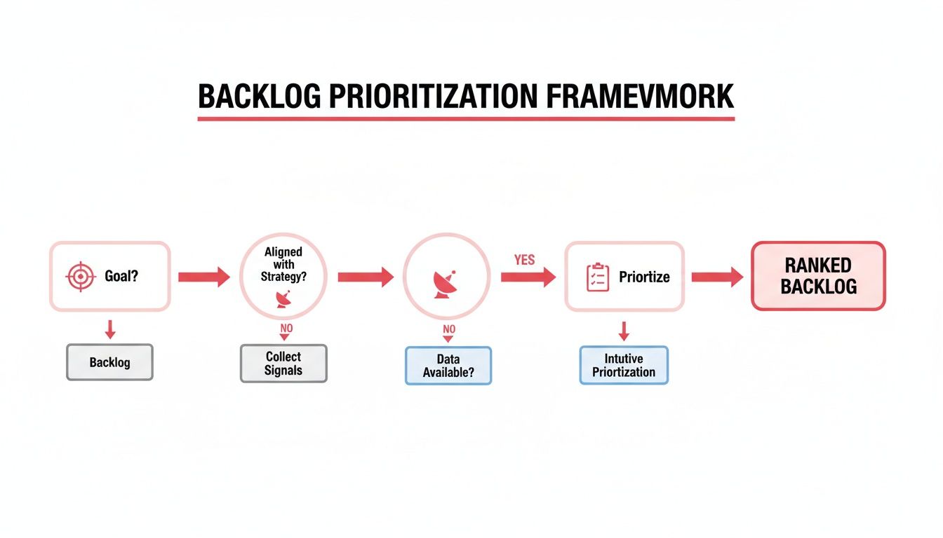 Flowchart illustrating a backlog prioritization framework, leading to a ranked backlog.