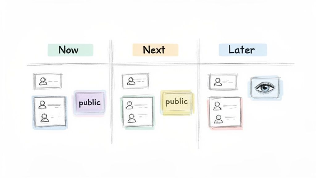 A whiteboard displays a roadmap with 'Now', 'Next', 'Later' columns, showing profile and 'public' feature cards.