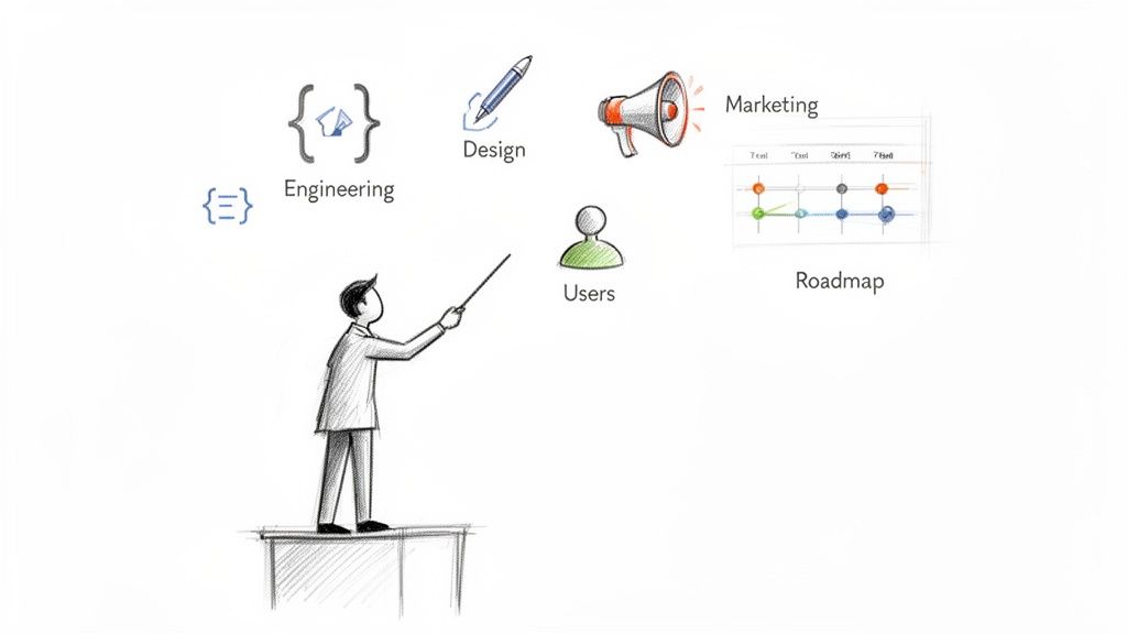 Sketch of a product manager pointing to icons for engineering, design, users, marketing, and roadmap.