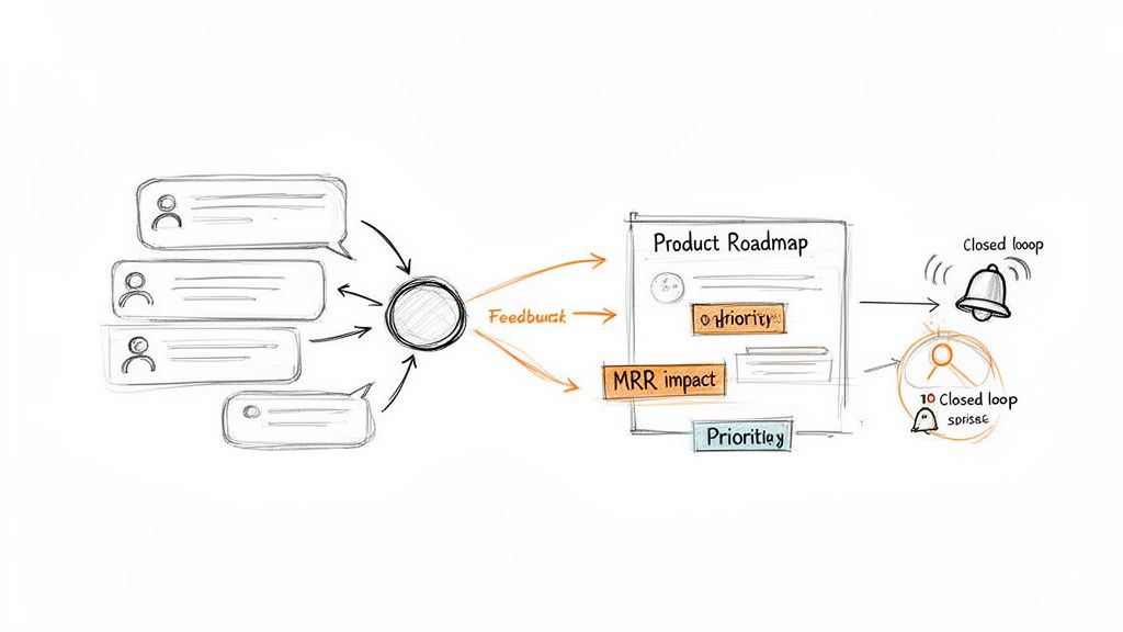 Diagram illustrating the process of collecting customer feedback, prioritizing it in a product roadmap, and closing the loop.