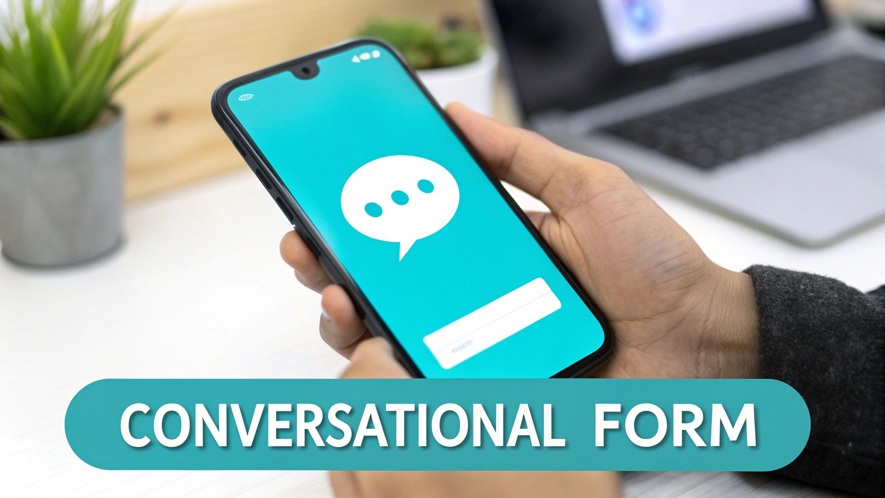 A hand holds a smartphone showing a chat interface with a text box, next to 'Conversational Form' text.