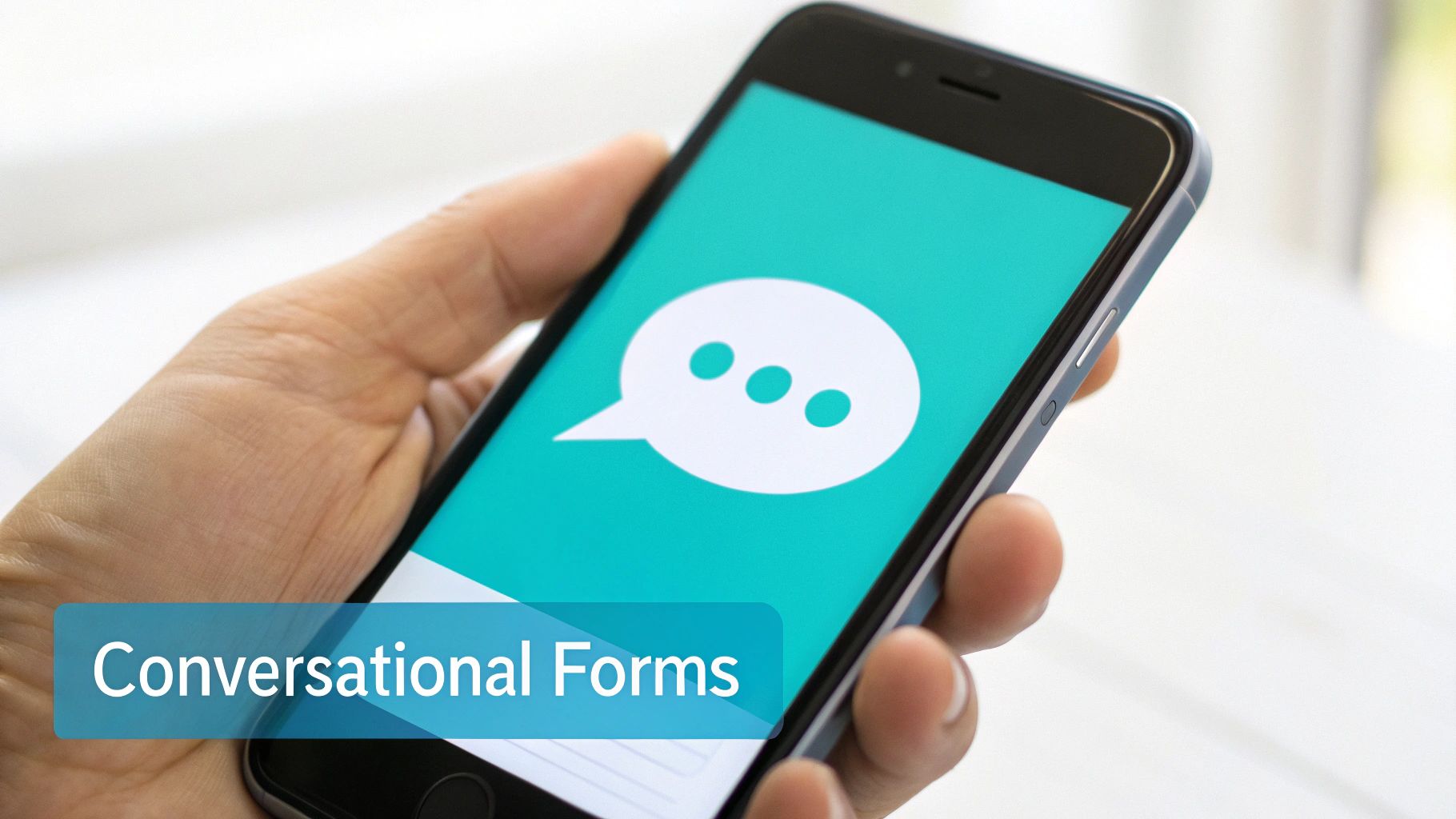 A hand holds a smartphone displaying a chat bubble icon, with 'Conversational Forms' text overlay.