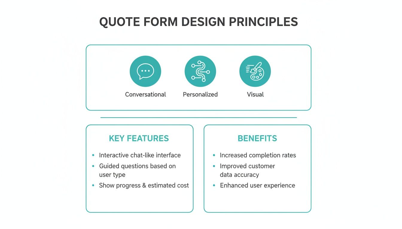 A slide presenting quote form design principles like conversational, personalized, and visual, along with key features and benefits.