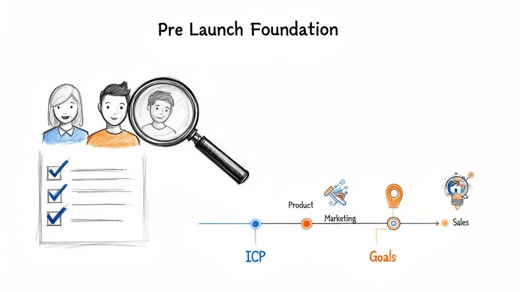 Illustration showing pre-launch foundation steps with ICP, product, marketing, goals, and sales timeline.
