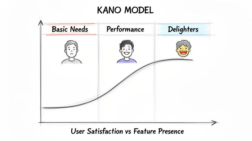 Kano Model diagram illustrating user satisfaction with basic, performance, and delighter features.