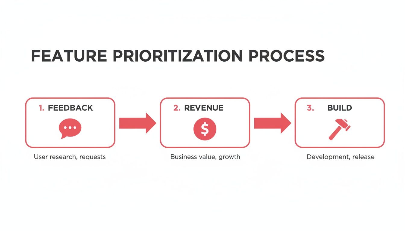 Flowchart illustrating the feature prioritization process with steps for feedback, revenue, and building features.