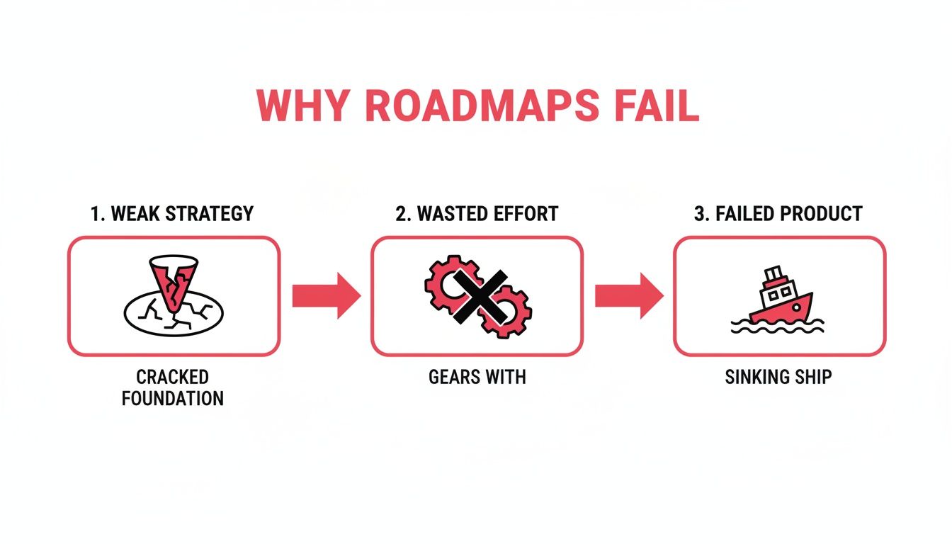 An infographic titled 'Why Roadmaps Fail' showing weak strategy, wasted effort, and a failed product.