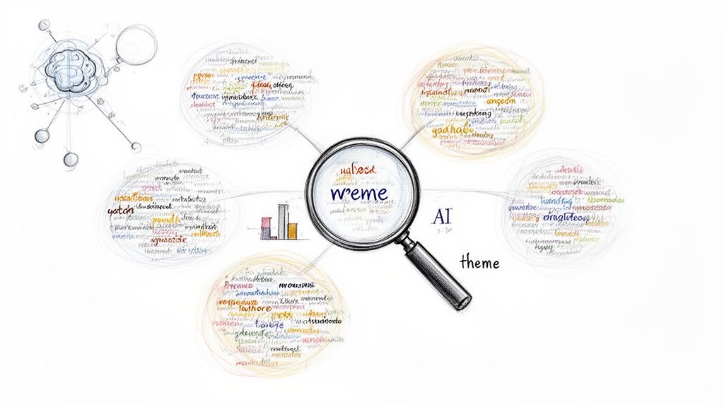 A hand-drawn diagram illustrating interconnected concepts with word clouds, a magnifying glass, and a brain icon, suggesting AI theme analysis.