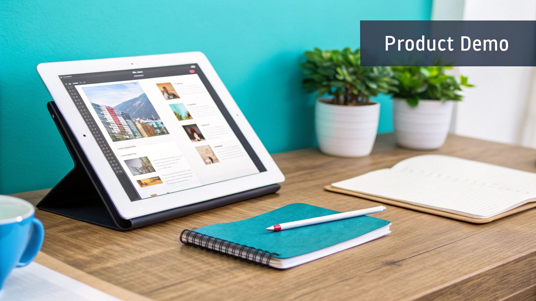 Modern workspace setup with a tablet, plants, notebooks, and a 'Product Demo' sign.