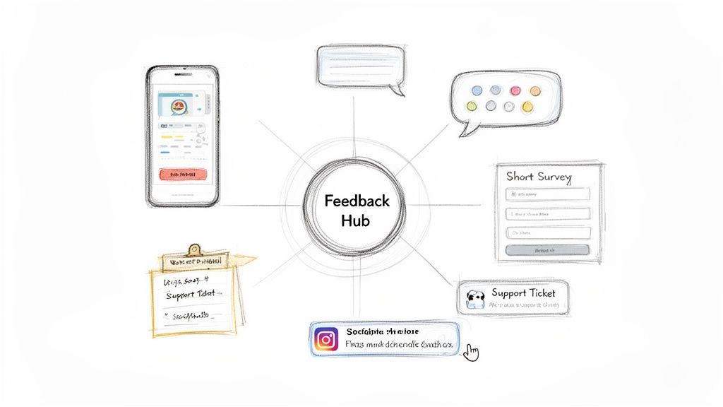 A visual representation of a 'Feedback Hub' at the center, surrounded by diverse customer feedback channels.