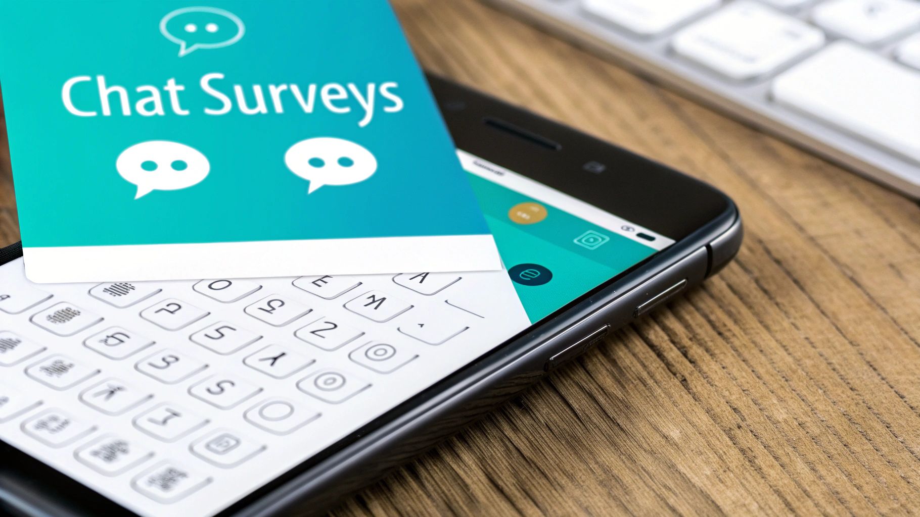 Smartphone with 'Chat Surveys' displayed on a card, placed on a wooden desk.