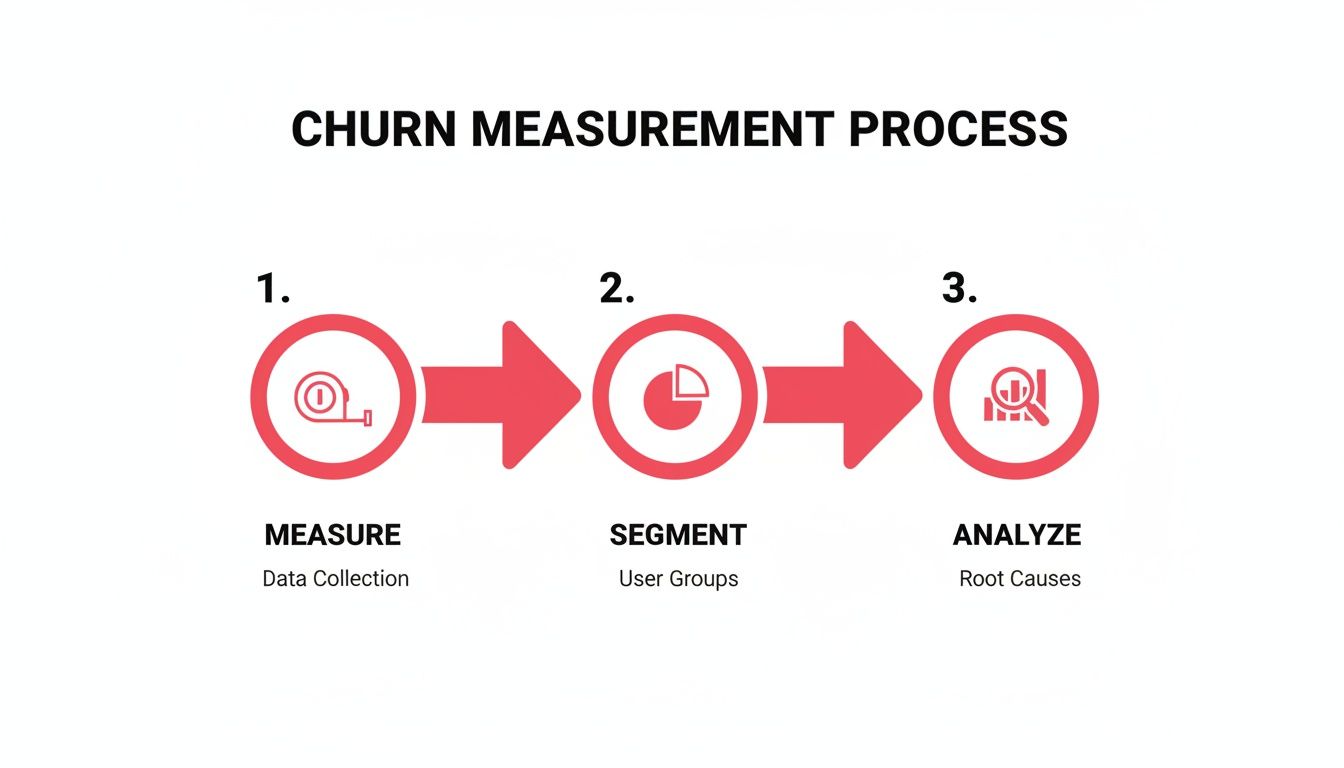 Infographic showing the 3-step churn measurement process: Measure, Segment, Analyze.