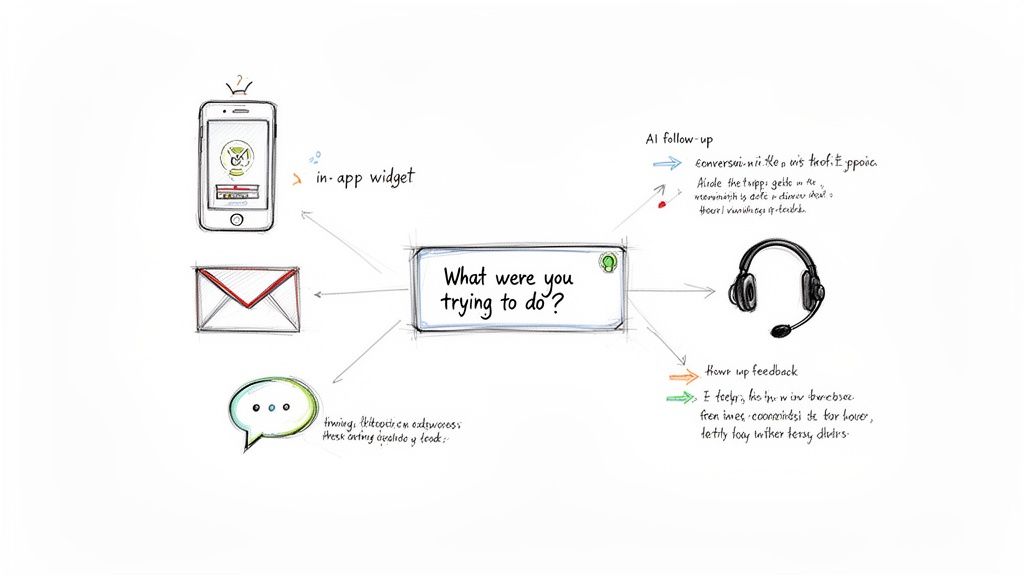 Diagram illustrating a customer feedback process, showing collection via in-app, email, chat, and follow-up.