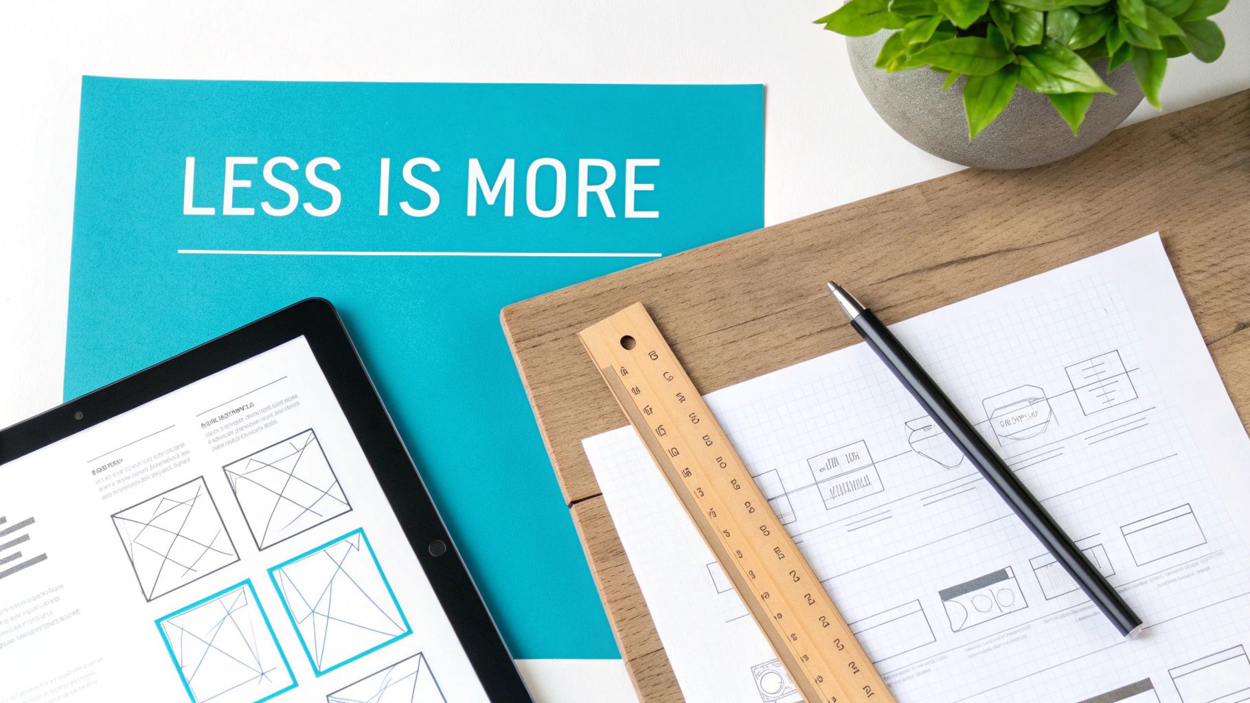 A flat lay of a design workspace with a tablet, sketches, ruler, pen, and 'Less is More' sign.